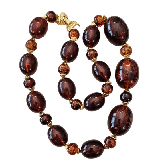 Trifari Crown Over T Faux Amber Bead Necklace, Signed 24"Long - Picture 2 of 9